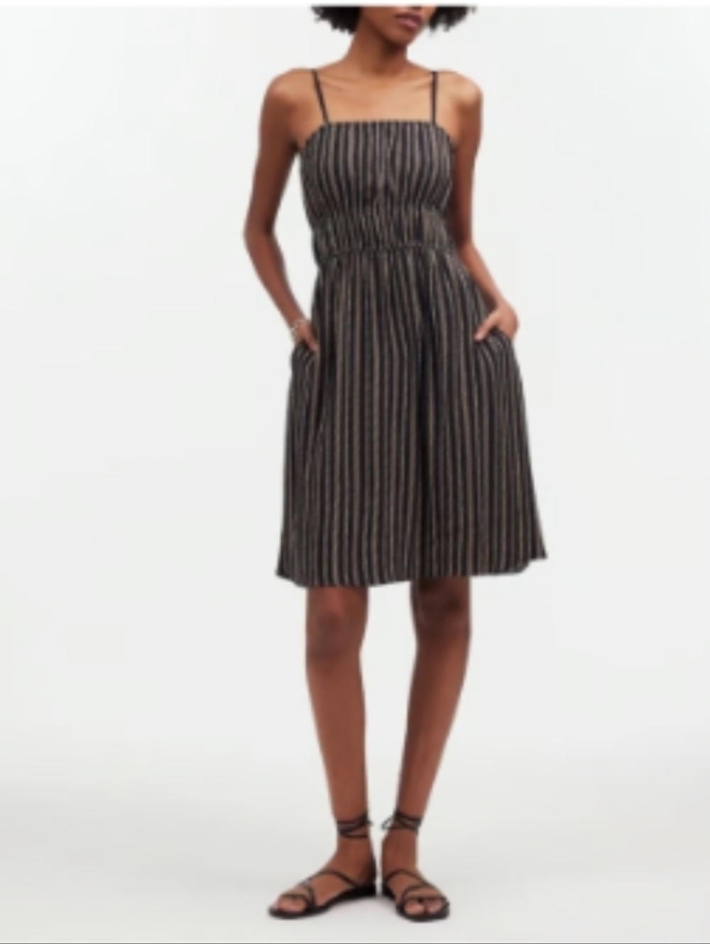 Madewell Pintuck Cami Dress in Dotted Stripe Black Tan White Size 2 Pockets